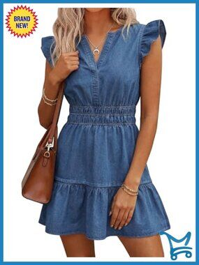 Denim Dress Ruffle Sleeve A-Line Mini with Pockets Casual Summer